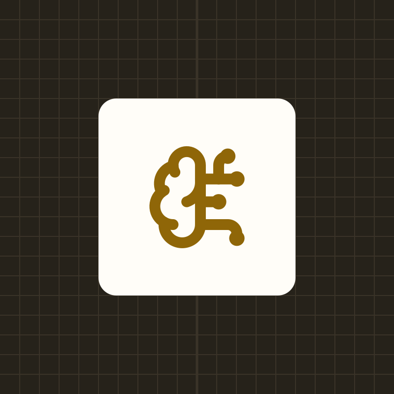 A brain-circuit glyph on a cream plate over a dark graph-paper square