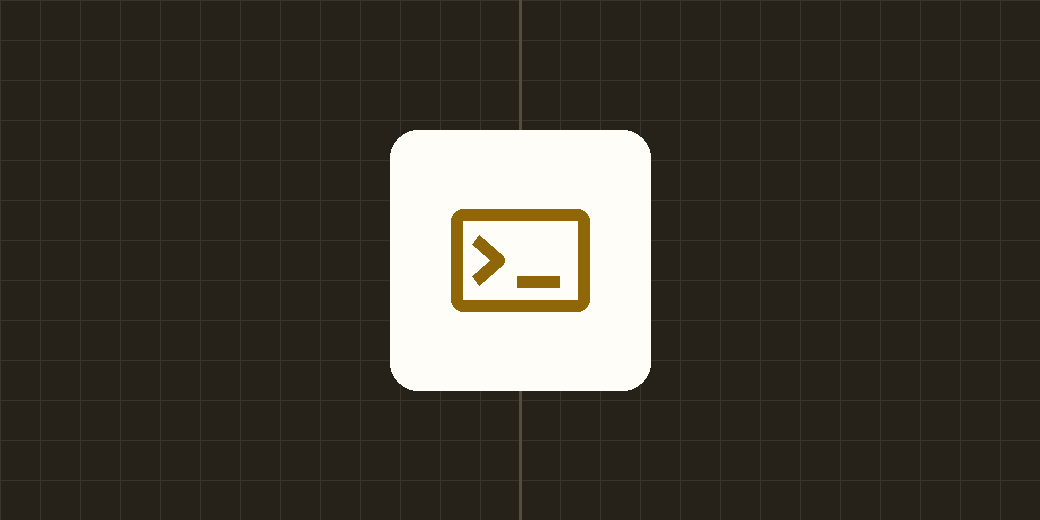 An amber terminal prompt glyph on a cream plate over a dark graph-paper field
