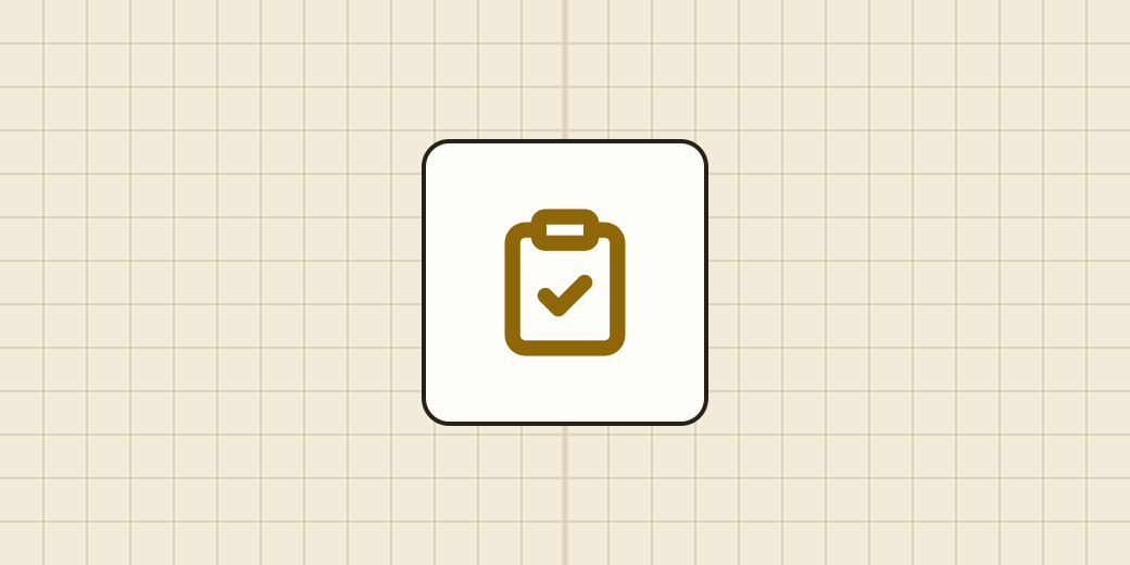 A clipboard with a check mark on an outlined plate over a cream graph-paper field