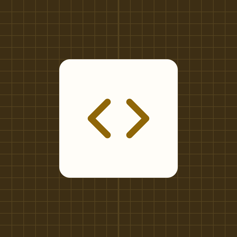 Code brackets on a cream plate over a deep amber graph-paper square