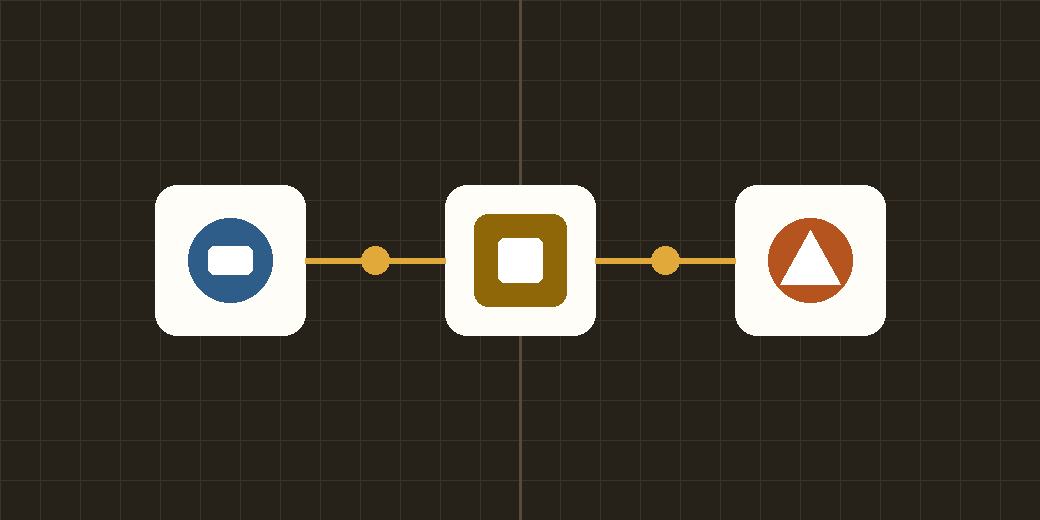 Three cream app tiles joined by amber connector dots over a dark graph-paper banner